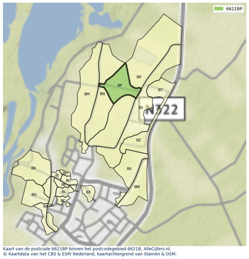 Afbeelding van het postcodegebied 6621 BP op de kaart.