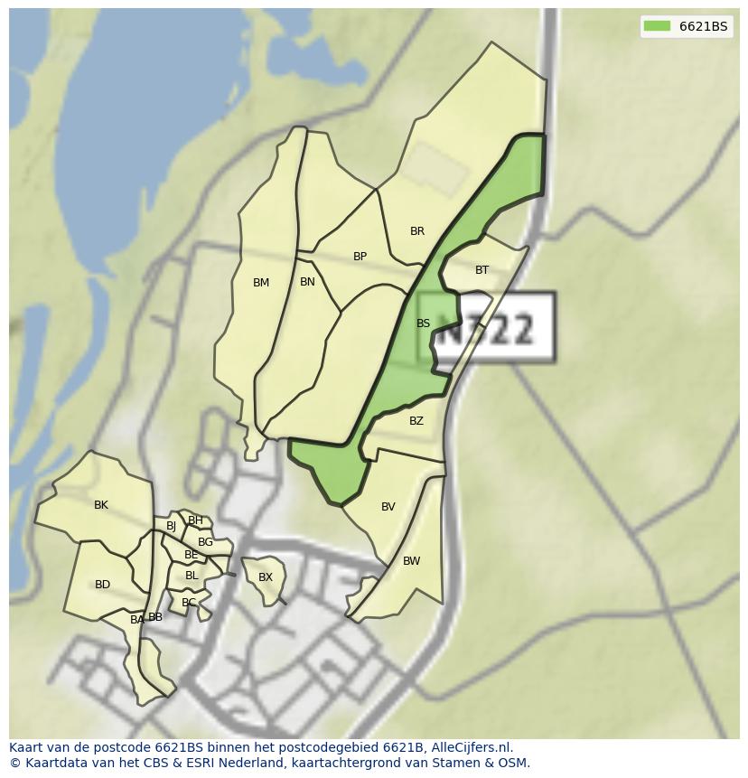Afbeelding van het postcodegebied 6621 BS op de kaart.