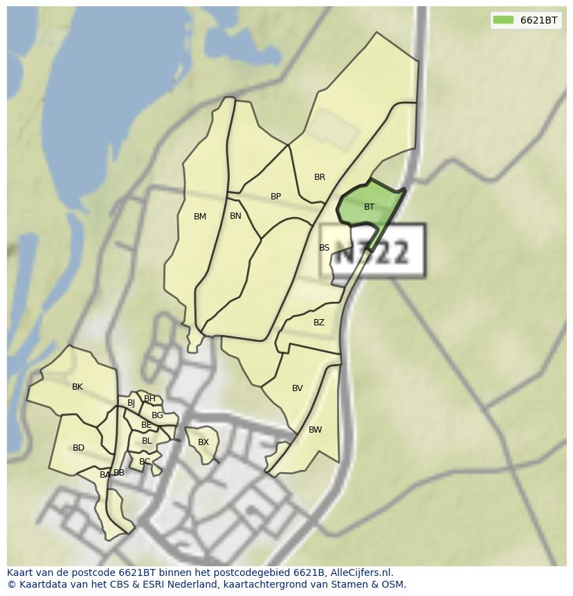 Afbeelding van het postcodegebied 6621 BT op de kaart.