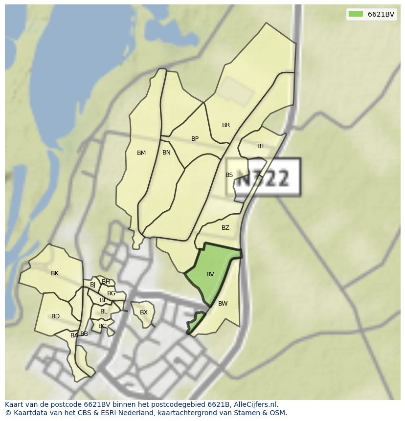 Afbeelding van het postcodegebied 6621 BV op de kaart.