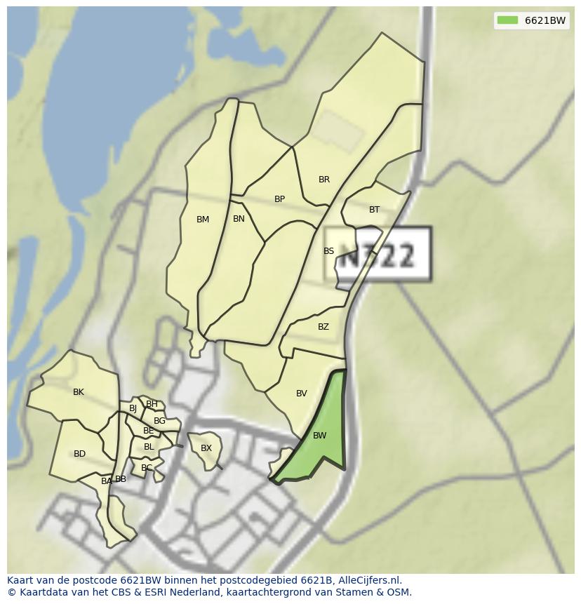 Afbeelding van het postcodegebied 6621 BW op de kaart.