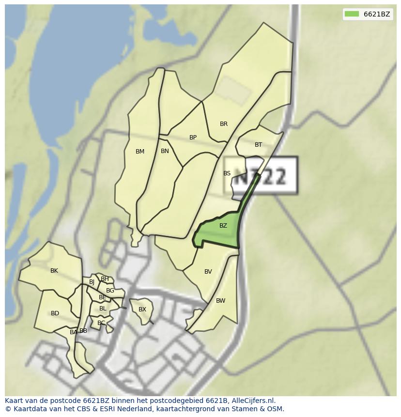 Afbeelding van het postcodegebied 6621 BZ op de kaart.