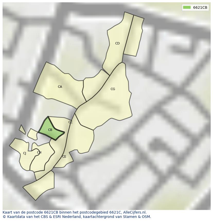 Afbeelding van het postcodegebied 6621 CB op de kaart.