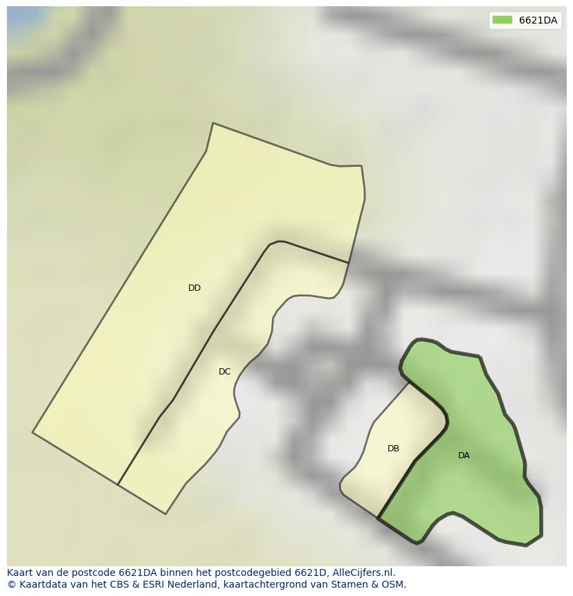 Afbeelding van het postcodegebied 6621 DA op de kaart.