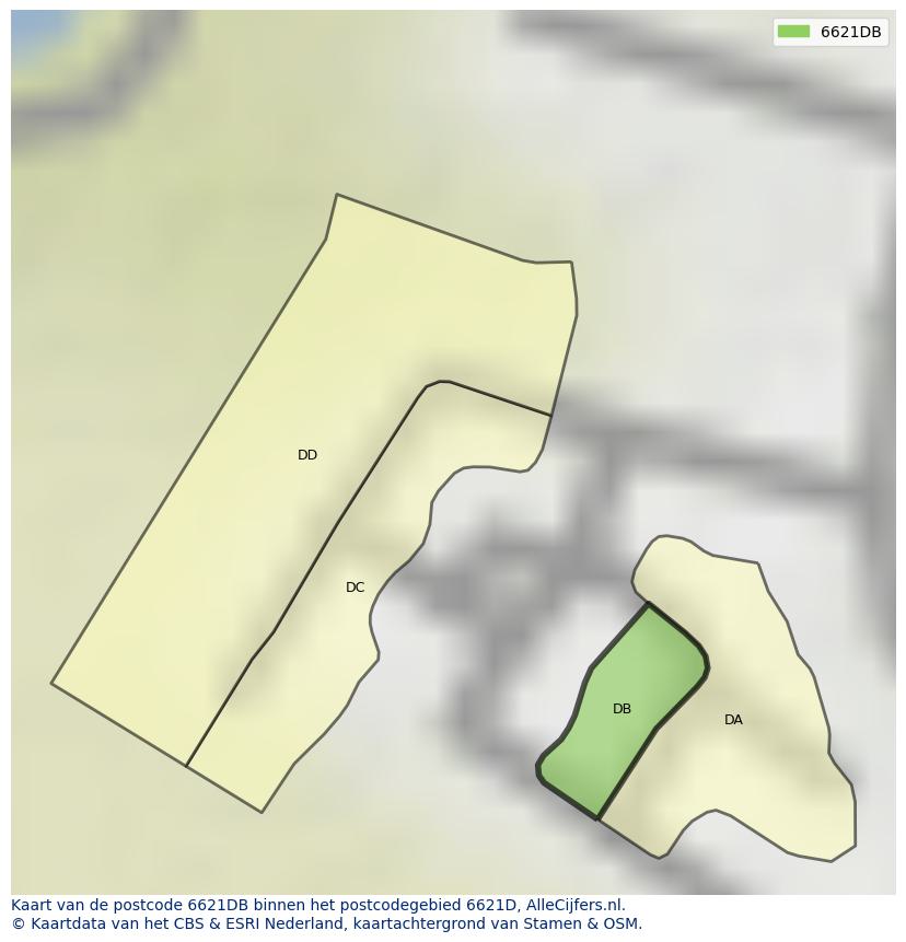 Afbeelding van het postcodegebied 6621 DB op de kaart.