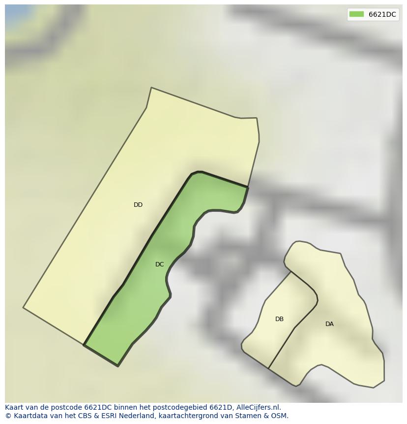 Afbeelding van het postcodegebied 6621 DC op de kaart.