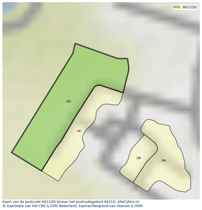 Afbeelding van het postcodegebied 6621 DD op de kaart.