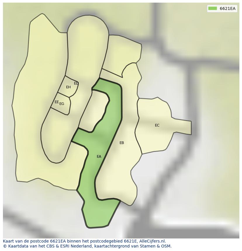 Afbeelding van het postcodegebied 6621 EA op de kaart.