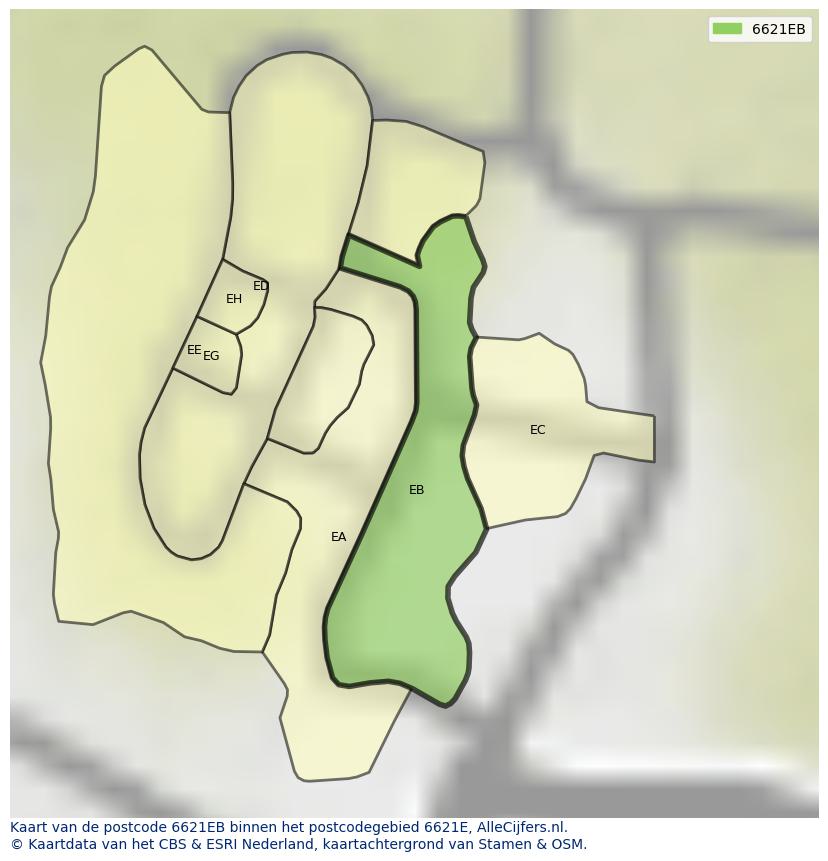 Afbeelding van het postcodegebied 6621 EB op de kaart.