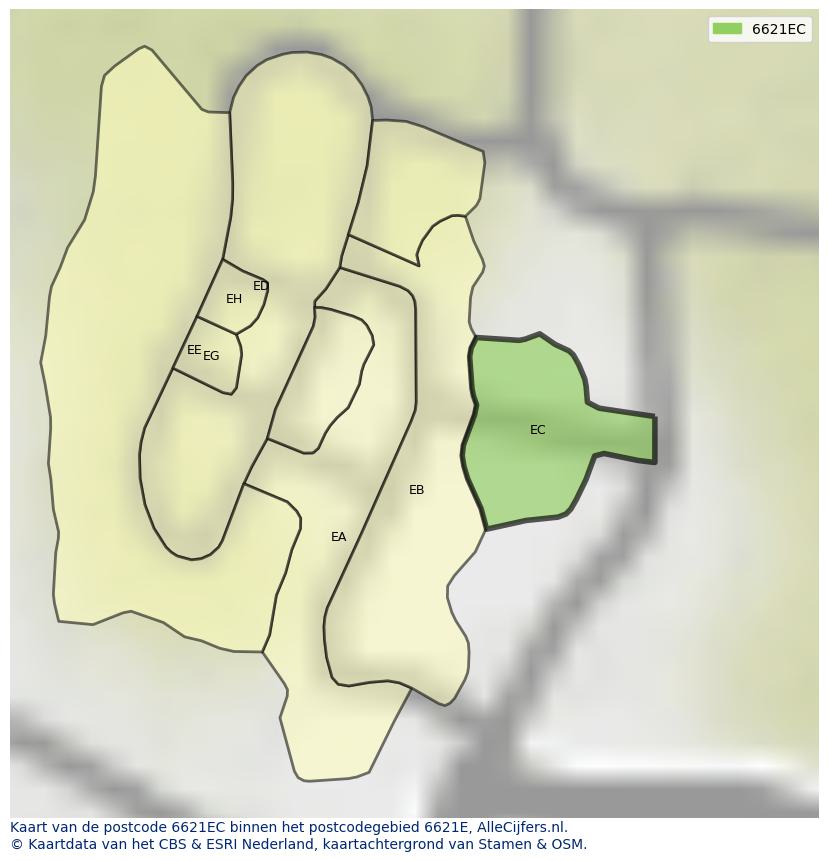 Afbeelding van het postcodegebied 6621 EC op de kaart.
