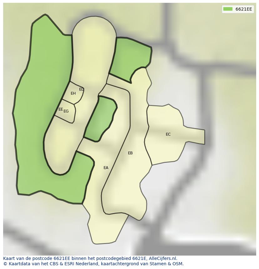 Afbeelding van het postcodegebied 6621 EE op de kaart.