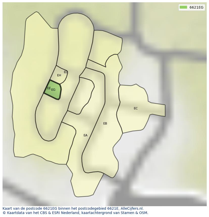 Afbeelding van het postcodegebied 6621 EG op de kaart.