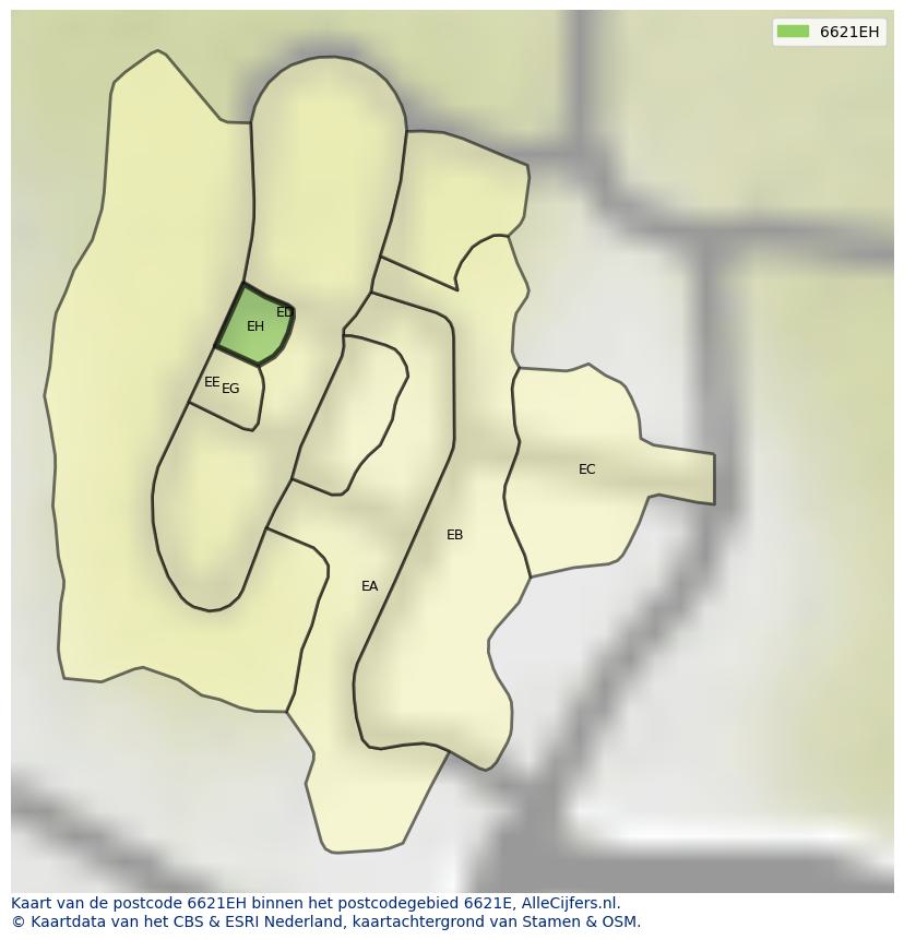 Afbeelding van het postcodegebied 6621 EH op de kaart.
