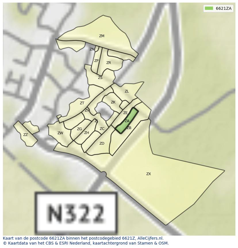Afbeelding van het postcodegebied 6621 ZA op de kaart.