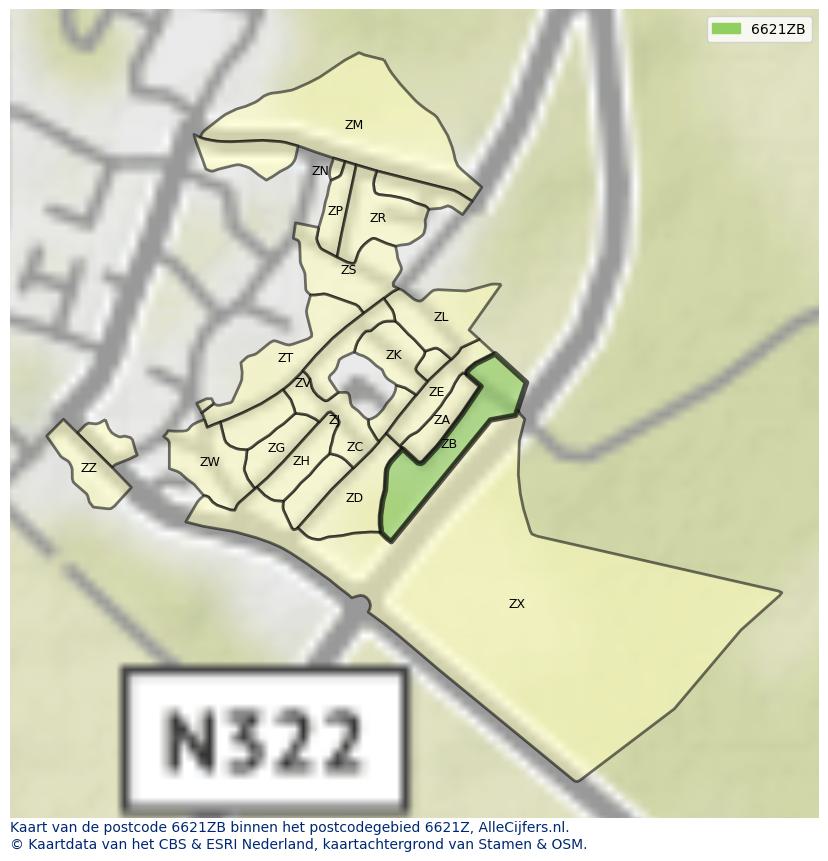 Afbeelding van het postcodegebied 6621 ZB op de kaart.