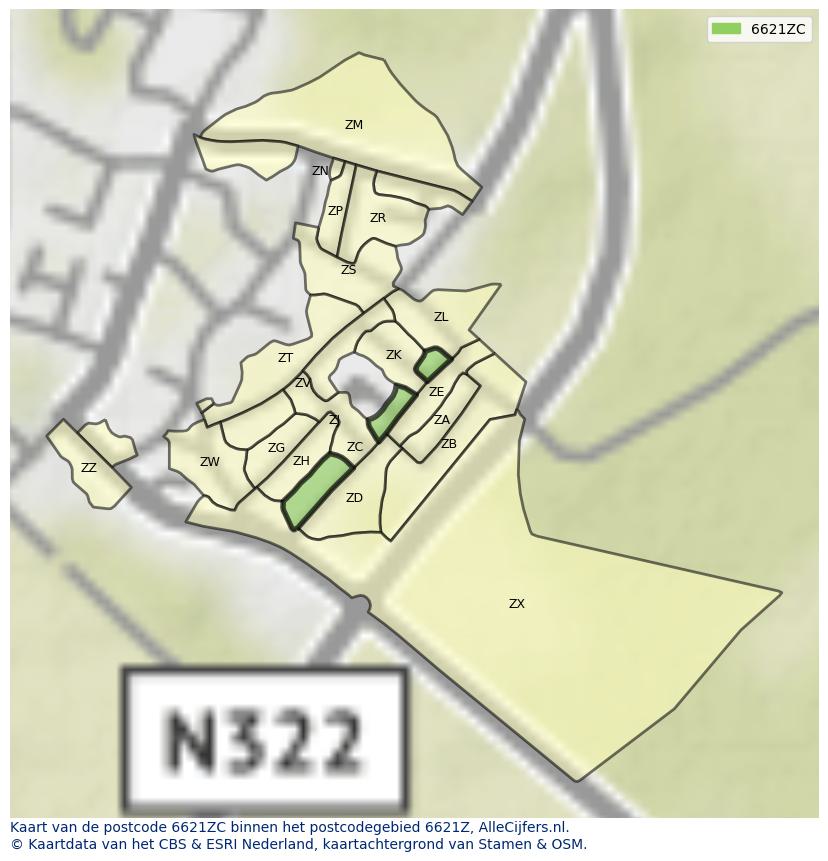 Afbeelding van het postcodegebied 6621 ZC op de kaart.