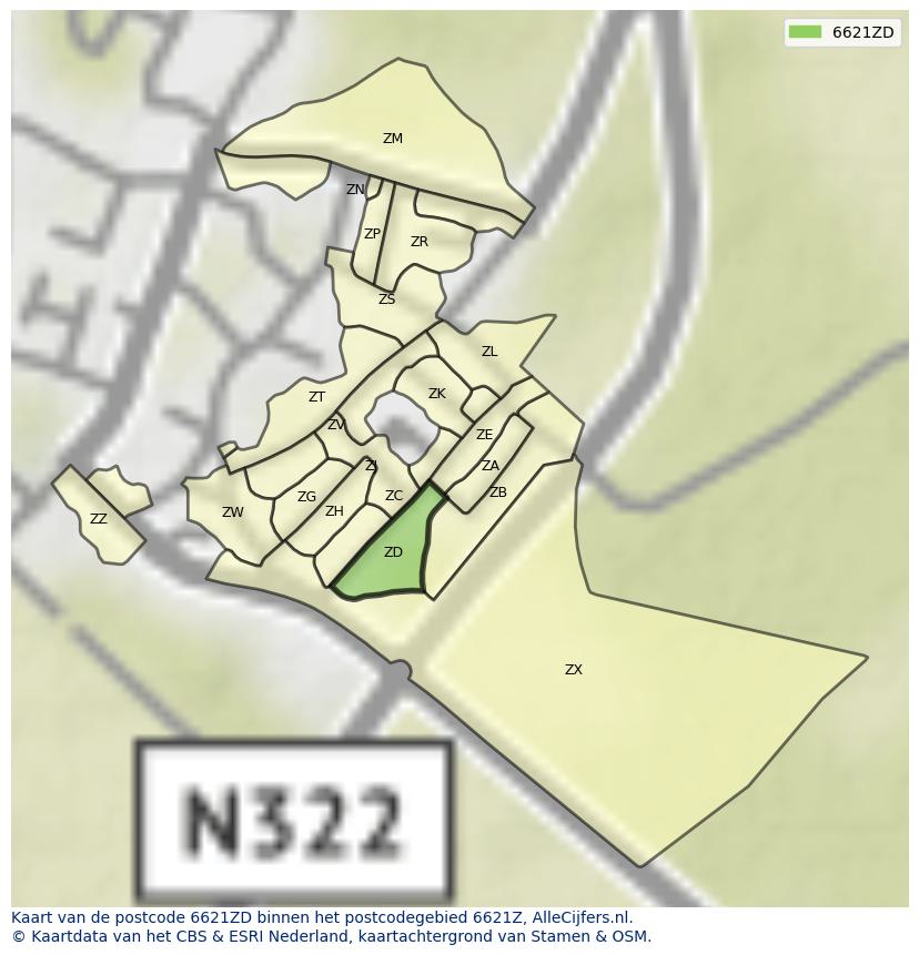 Afbeelding van het postcodegebied 6621 ZD op de kaart.