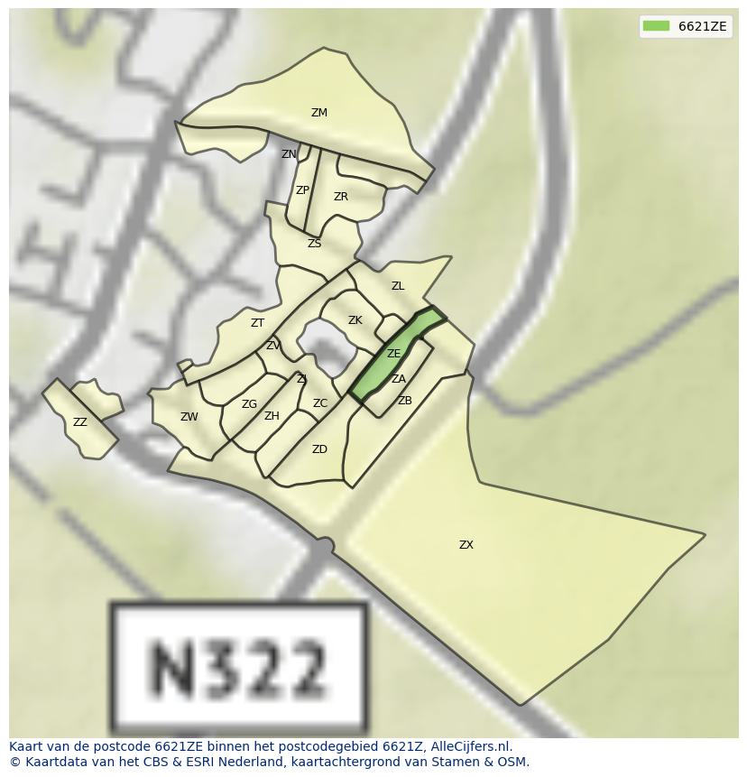 Afbeelding van het postcodegebied 6621 ZE op de kaart.