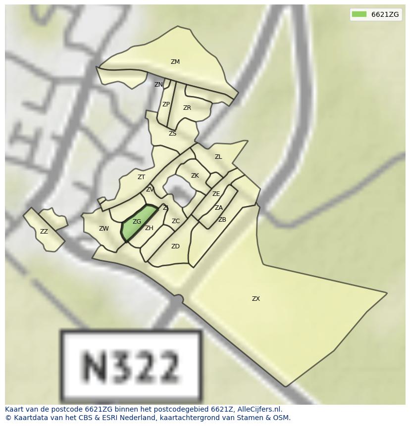 Afbeelding van het postcodegebied 6621 ZG op de kaart.