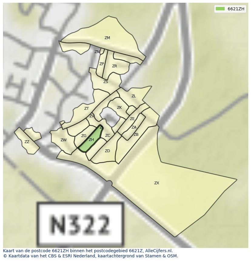 Afbeelding van het postcodegebied 6621 ZH op de kaart.