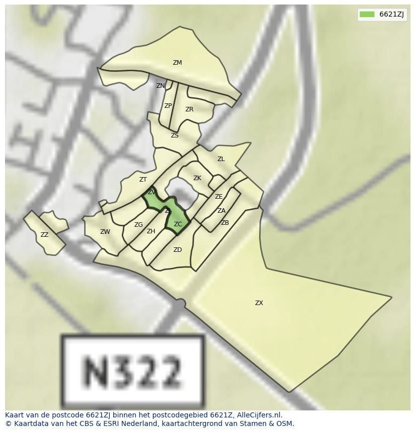 Afbeelding van het postcodegebied 6621 ZJ op de kaart.