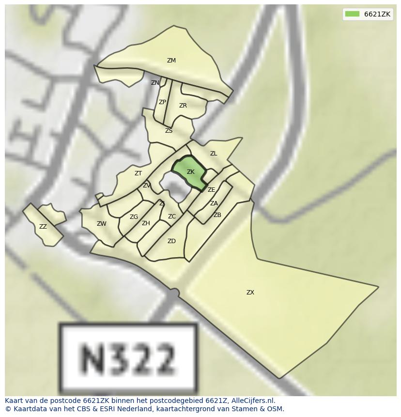 Afbeelding van het postcodegebied 6621 ZK op de kaart.