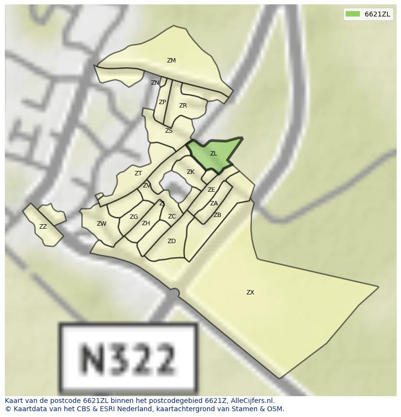 Afbeelding van het postcodegebied 6621 ZL op de kaart.