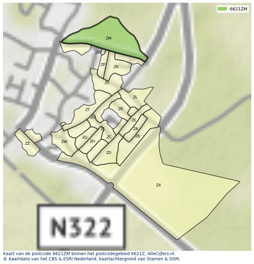Afbeelding van het postcodegebied 6621 ZM op de kaart.