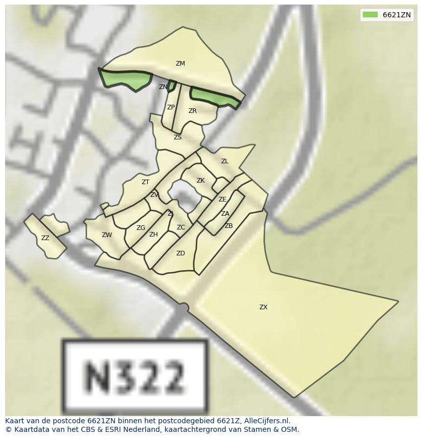 Afbeelding van het postcodegebied 6621 ZN op de kaart.