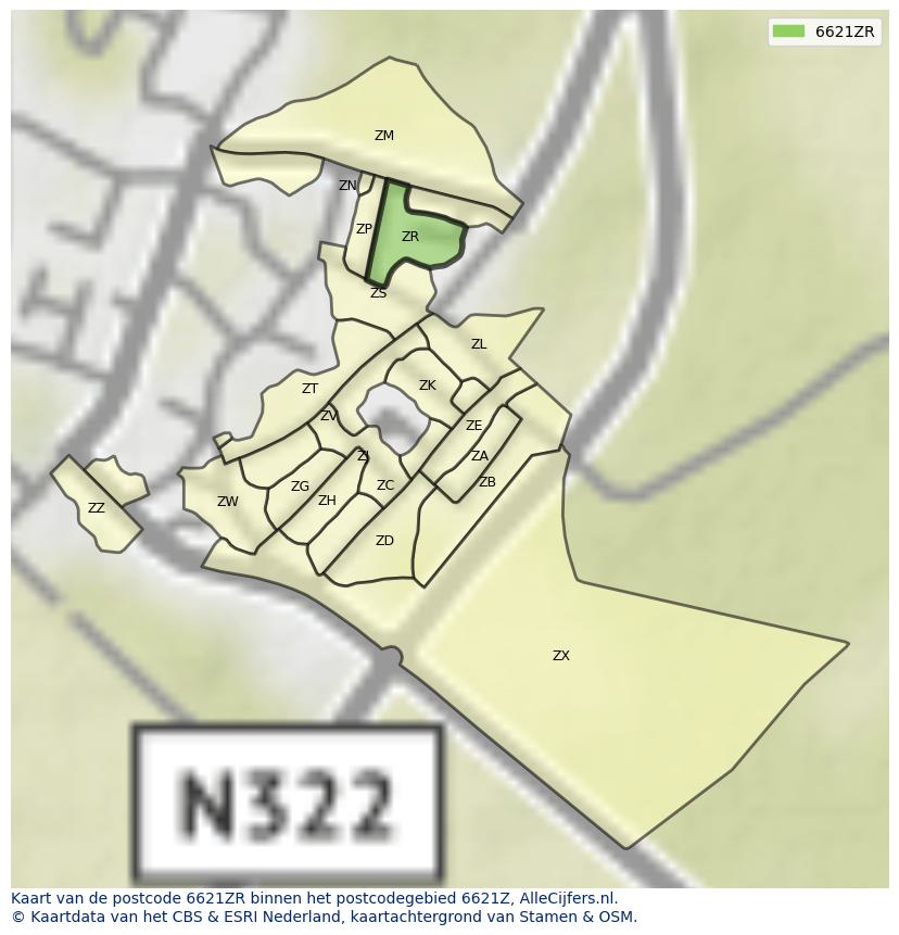Afbeelding van het postcodegebied 6621 ZR op de kaart.