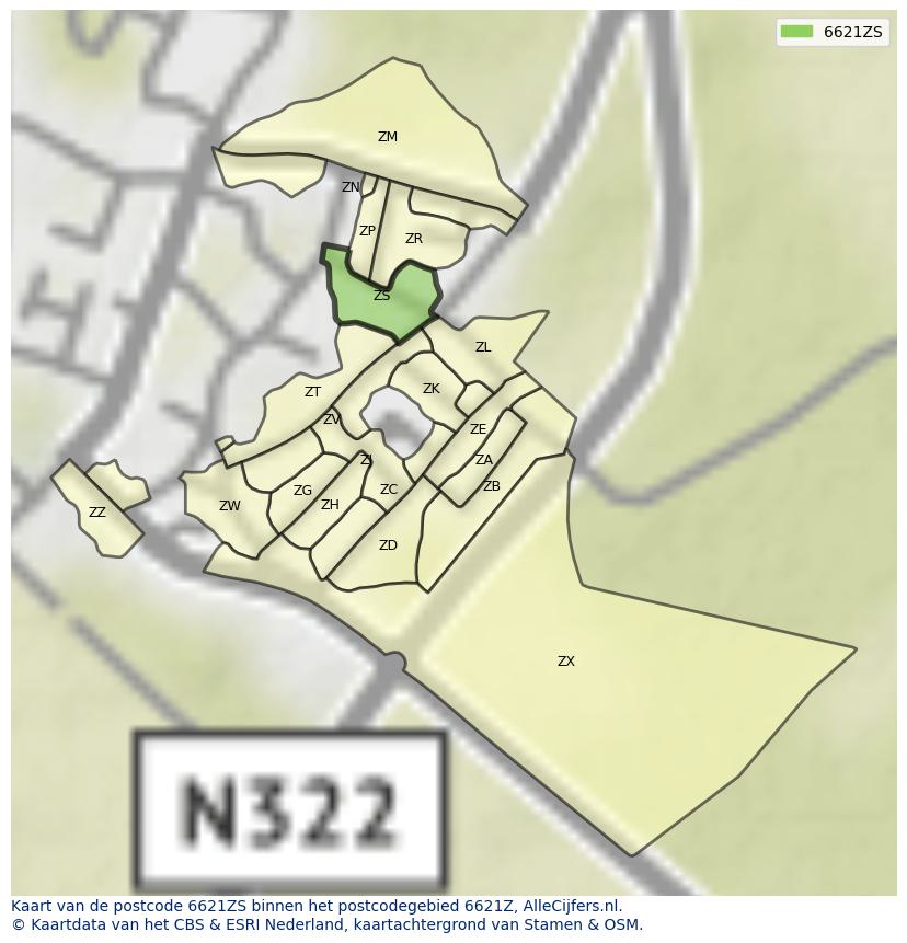 Afbeelding van het postcodegebied 6621 ZS op de kaart.