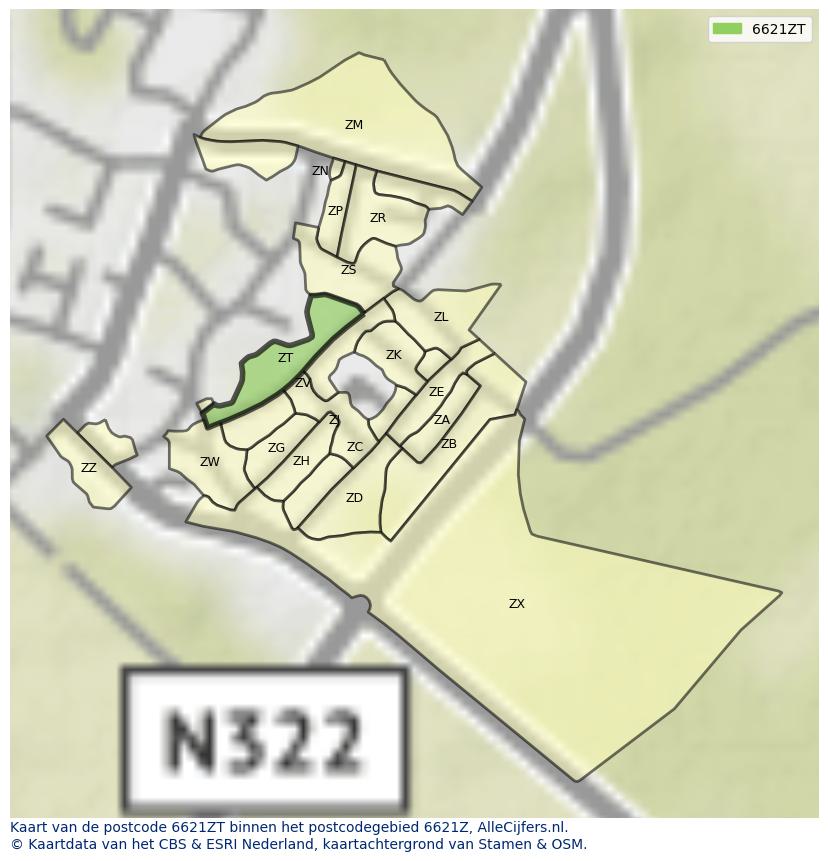 Afbeelding van het postcodegebied 6621 ZT op de kaart.