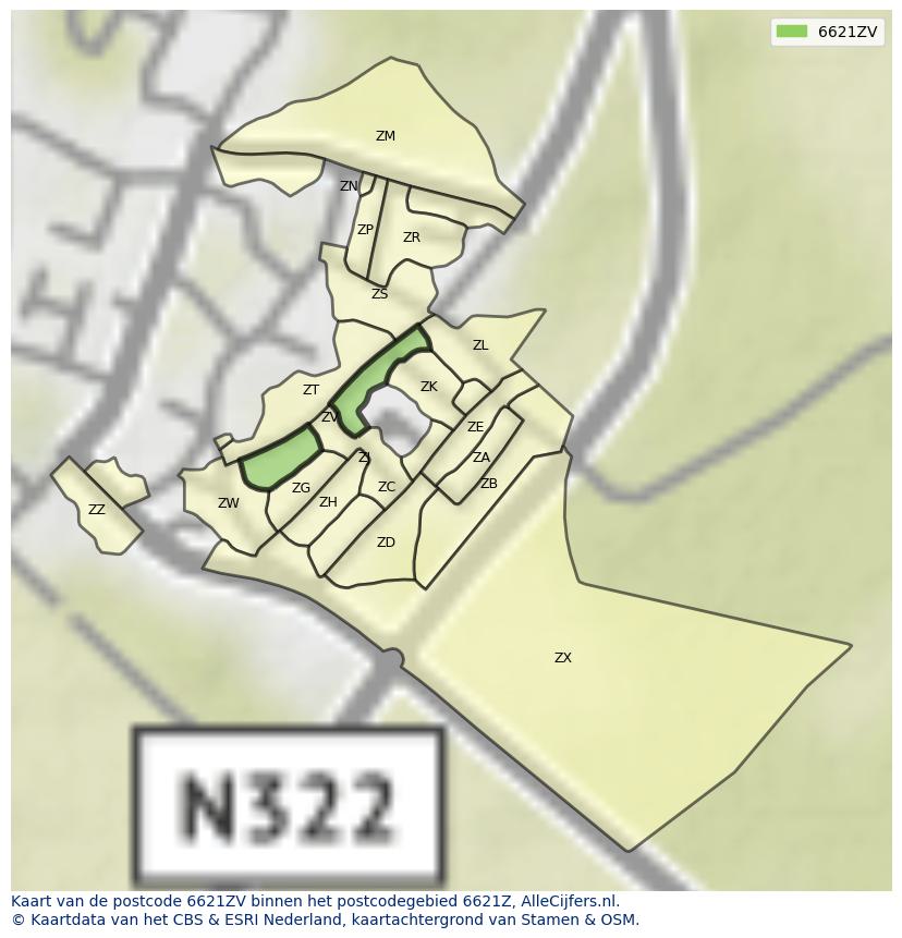 Afbeelding van het postcodegebied 6621 ZV op de kaart.