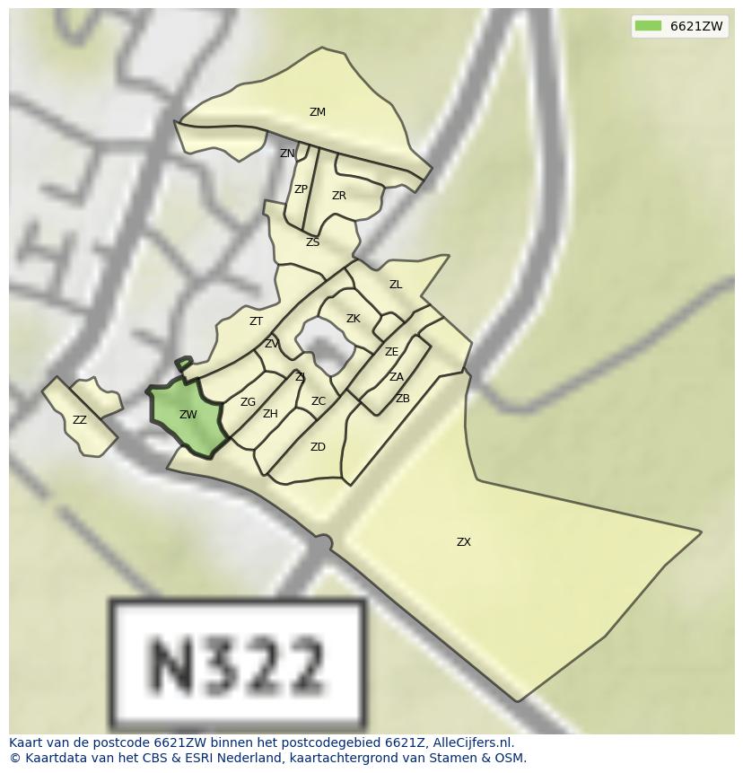 Afbeelding van het postcodegebied 6621 ZW op de kaart.