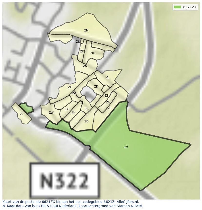 Afbeelding van het postcodegebied 6621 ZX op de kaart.