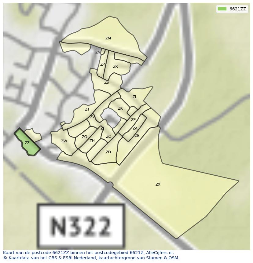 Afbeelding van het postcodegebied 6621 ZZ op de kaart.