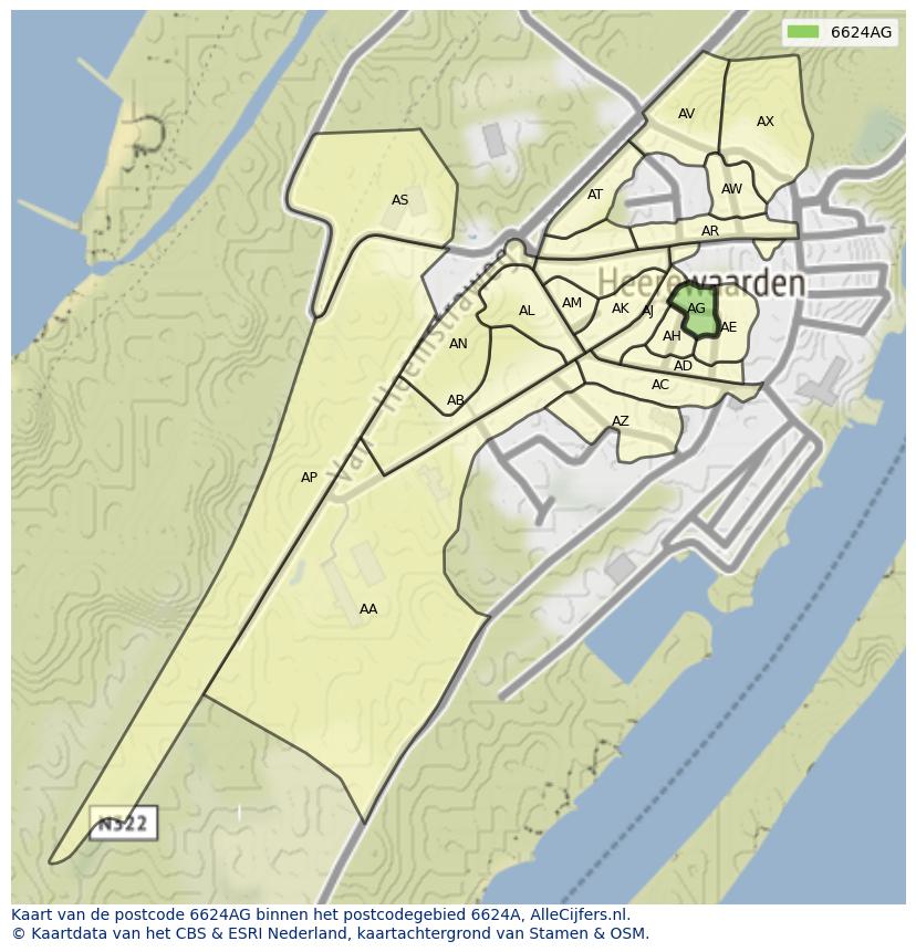 Afbeelding van het postcodegebied 6624 AG op de kaart.