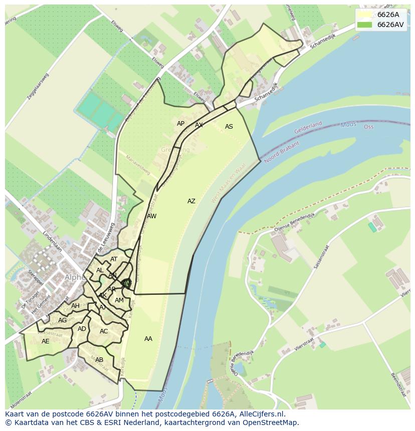 Afbeelding van het postcodegebied 6626 AV op de kaart.