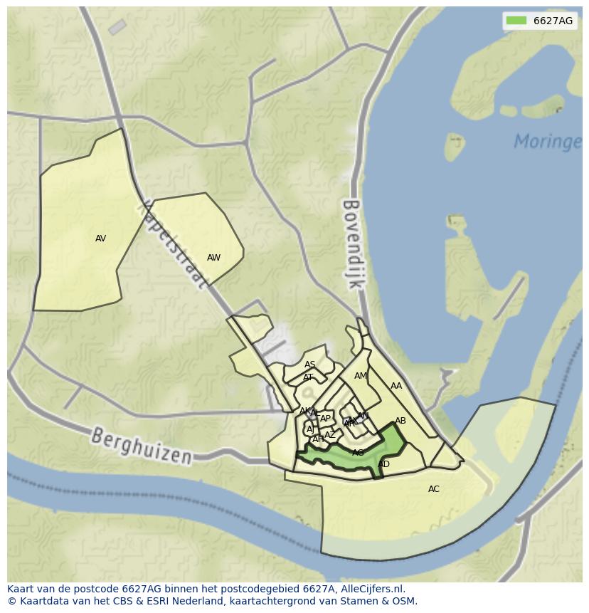 Afbeelding van het postcodegebied 6627 AG op de kaart.