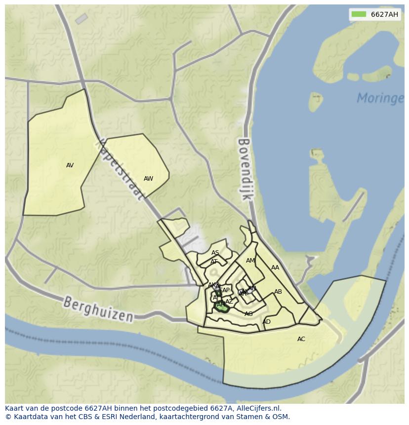 Afbeelding van het postcodegebied 6627 AH op de kaart.