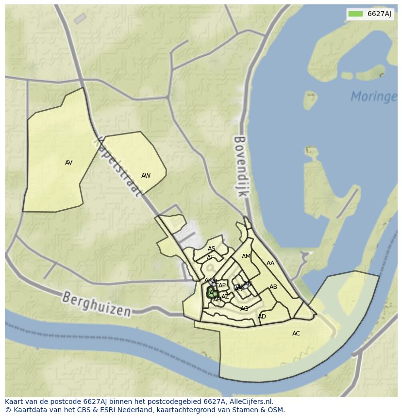 Afbeelding van het postcodegebied 6627 AJ op de kaart.