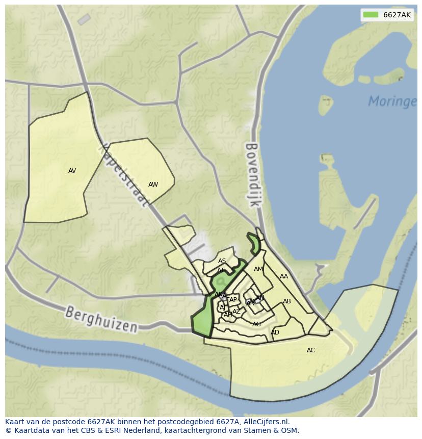 Afbeelding van het postcodegebied 6627 AK op de kaart.