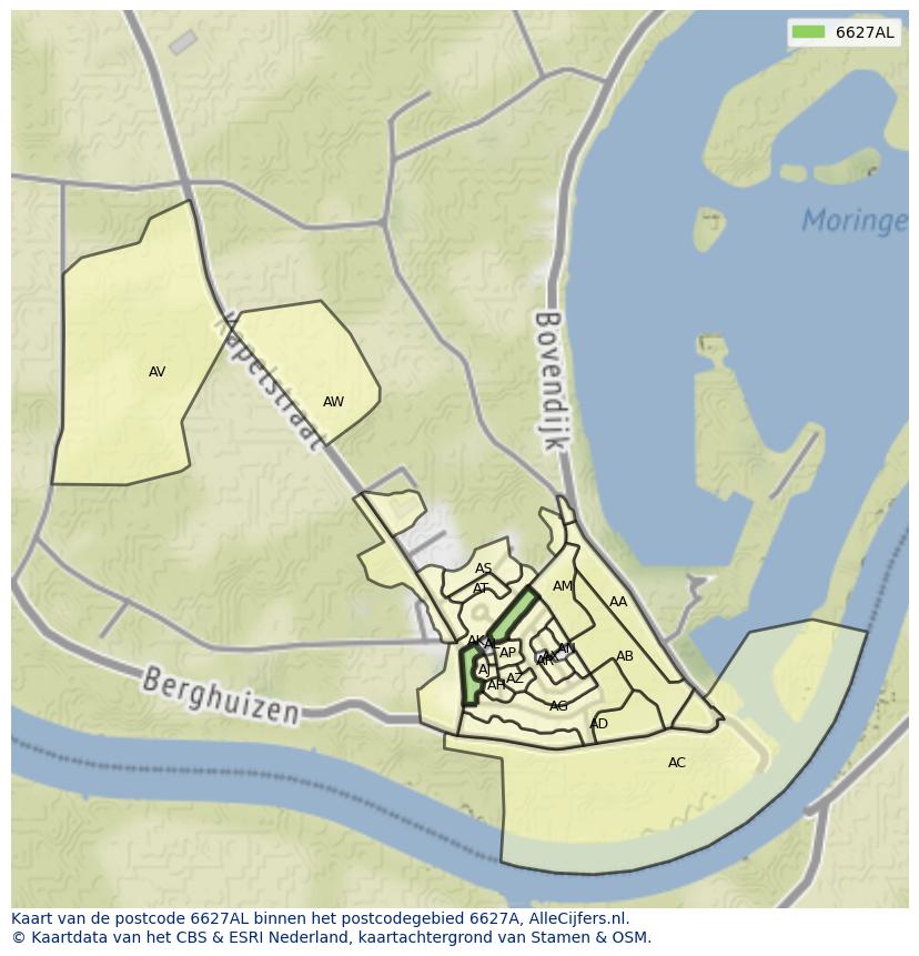 Afbeelding van het postcodegebied 6627 AL op de kaart.