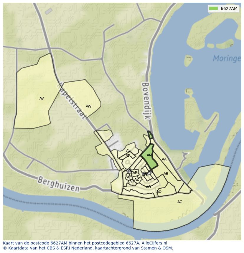 Afbeelding van het postcodegebied 6627 AM op de kaart.