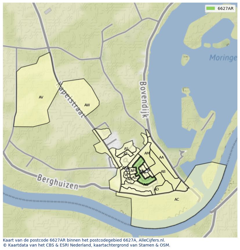 Afbeelding van het postcodegebied 6627 AR op de kaart.
