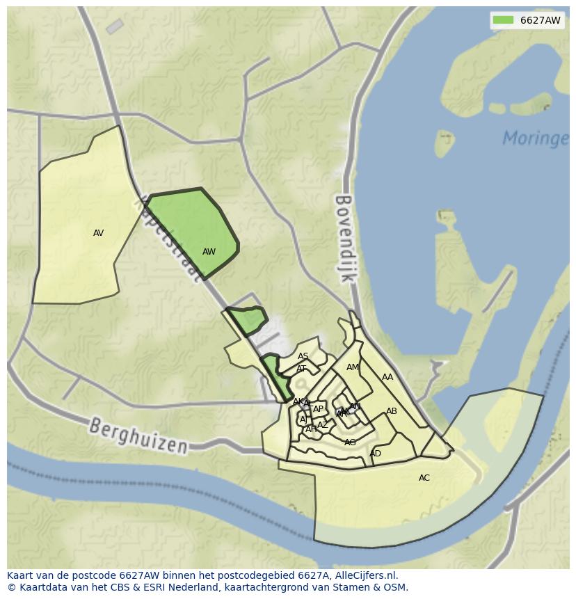 Afbeelding van het postcodegebied 6627 AW op de kaart.