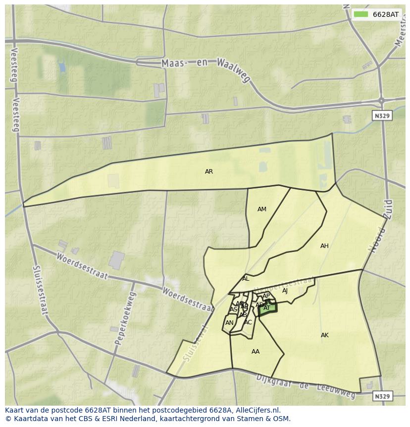 Afbeelding van het postcodegebied 6628 AT op de kaart.