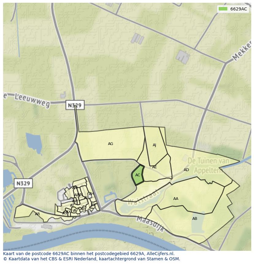Afbeelding van het postcodegebied 6629 AC op de kaart.