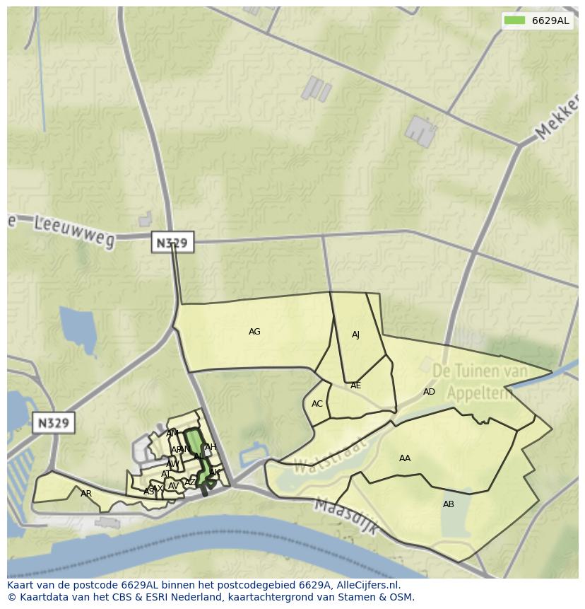 Afbeelding van het postcodegebied 6629 AL op de kaart.