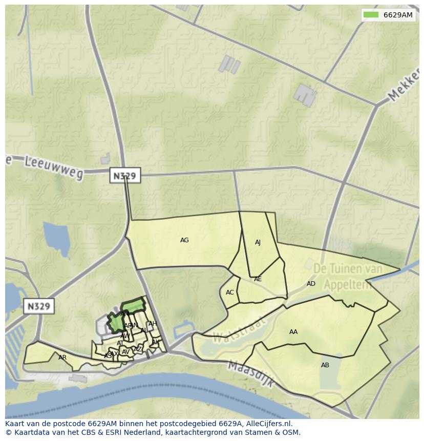 Afbeelding van het postcodegebied 6629 AM op de kaart.